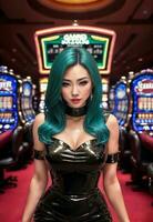 skön asiatisk kvinna med lyx klänning i stor kasino spelande, generativ ai foto