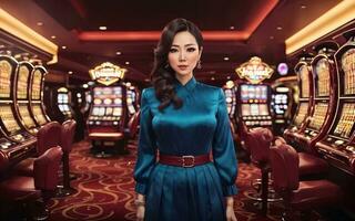 skön kvinna på lyx kasino spelande, generativ ai foto