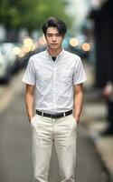 thai människor i thailand teknisk högskola enhetlig vit skjorta och flämta, generativ ai foto
