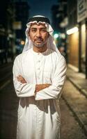 rik arab affärsman i traditionell vit utrusta i natt gata bakgrund, generativ ai foto