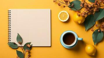 höst platt lägga med anteckningsbok, kopp av te och löv. generativ ai foto