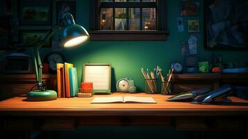 de lärarens skrivbord på som de skrivning material lögn, i de kväll under de lampa. generativ ai foto