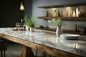 elegant kök med ett elegant marmor bänkskivan och riklig kopia Plats ai genererad foto