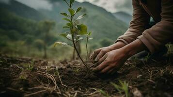 jordbrukare plantering träd på de fält i de regnig säsong. begrepp av jord day.ai generera foto