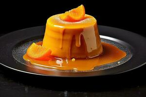 orange pudding på en tallrik, svart bakgrund, illustration, generativ ai foto