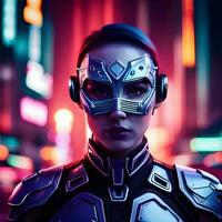 ai genererad cyborg flicka bär en mask foto