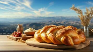 nyligen bakad challah, festlig bröd på tabell mot bakgrund av berg. närbild. ai genererad foto