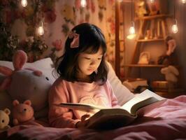 söt asiatisk flicka läsning bok innan säng tid i mysigt sovrum. generativ ai foto