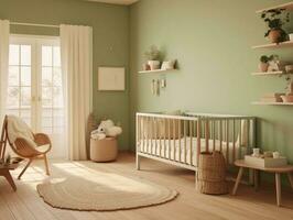 mysigt grön litet barn sovrum med spjälsäng säng och dekoration. generativ ai foto