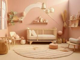 modern rosa färgrik litet barn sovrum med dekoration. generativ ai foto