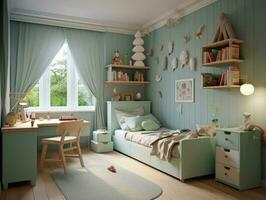 mysigt blå unge sovrum med leksak och roligt dekoration. generativ ai foto