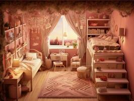 mysigt rosa färgrik flickaktigt tema sovrum för flickor. generativ ai foto