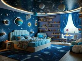 modern pojke sovrum med Plats tema dekoration. generativ ai foto
