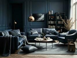 eleganta djup blå levande rum med lyx dekoration. generativ ai foto