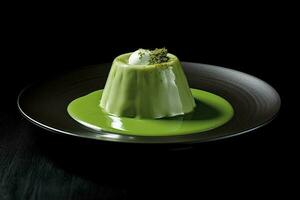 grön pudding på en tallrik, svart bakgrund, illustration, generativ ai foto