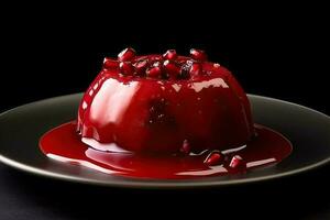 utsökt granatäpple pudding på en tallrik, svart bakgrund, illustration, generativ ai foto