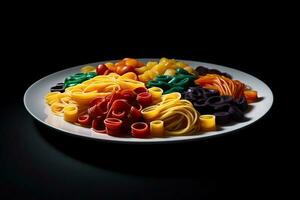 underbar färgrik pasta på en tallrik, svart bakgrund, illustration, generativ ai foto
