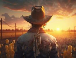 skön kvinna i cowboy vild väst stil, cowboy hatt och jeans jacka, mode porträtt Foto session, reklam, jordbruks fält, värma och orange färger på de solnedgång himmel. generativ ai