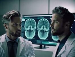 doktorer interagera på stor transparent visa arbetssätt med patient hjärna skanna tomografi bilder foto