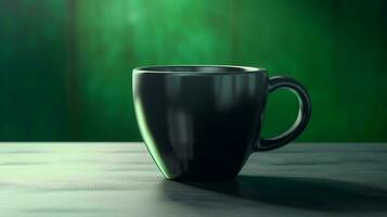 en svart kaffe råna flytande mot en grön lutning 3d produkt visa bakgrund. tömma interiör. ai genererad foto