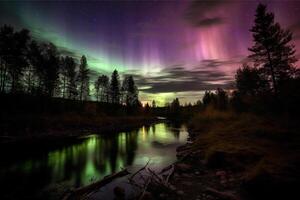 aurora landskap med nordlig lampor, generativ ai foto