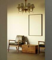 lyx minimalistisk interiör med porträtt ram attrapp affischhängande på de beige vägg med elegant lampa foto