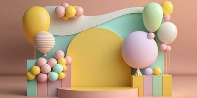geometrisk visa podium dekorerad med färgrik ballonger. skapas med generativ ai foto
