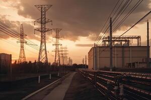 industriell landskap med hög Spänning kraft rader på solnedgång. elektrisk substation med kraft rader och transformator, ai genererad foto