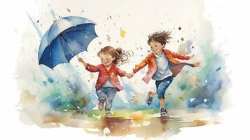vattenfärg illustration av en glad barns gående i de regn. vattenfärg bakgrund. generativ ai foto