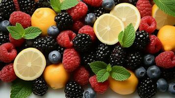 utsökt och näringsrik färgrik sommar frukt på de bönders marknadsföra, ai generativ foto