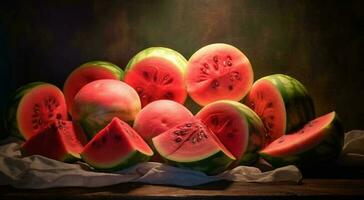 färsk vattenmelon skiva, en saftig och uppfriskande sommar mellanmål genererad förbi ai foto