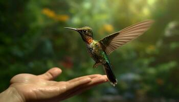 kolibri svävar, sprider sig vingar, regnbågsskimrande skönhet i natur vibrerande färger genererad förbi ai foto