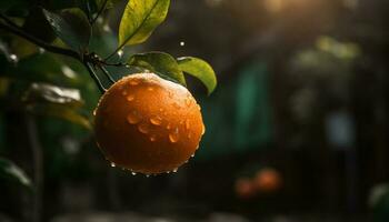 friskhet av natur grön, våt löv, mogen citrus- frukt släppa genererad förbi ai foto