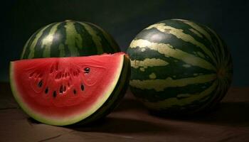 en uppfriskande skiva av saftig vattenmelon ger sommar till liv genererad förbi ai foto