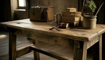 rustik trä- låda stackar på tabell, en årgång Hem dekoration genererad förbi ai foto