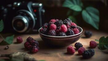 mogen bär frukt på rustik trä- tabell genererad förbi ai foto