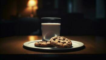 mörk choklad chip småkakor staplade på rustik tabell genererad förbi ai foto