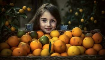 söt flickor leende, njuter färsk mandariner inomhus genererad förbi ai foto