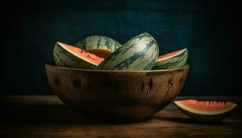 friskhet av sommar organisk, friska äter, mogen vattenmelon mellanmål genererad förbi ai foto