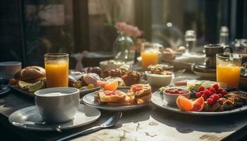 friskhet på de tabell kontinental frukost glädje genererad förbi ai foto