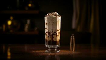 uppfriskande latte med choklad grädde på trä tabell genererad förbi ai foto