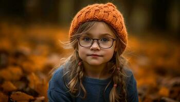 söt flicka leende, spelar i höst skog genererad förbi ai foto