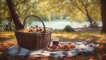 organisk frukt och bröd för höst picknick genererad förbi ai foto