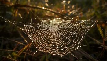 Spindel webb glittrar med dagg i höst genererad förbi ai foto