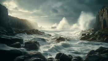 brytning vågor krascha mot klippig kustlinje på skymning genererad förbi ai foto