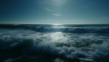 Sol uppsättningar på lugn havsbild, vågor kraschar genererad förbi ai foto