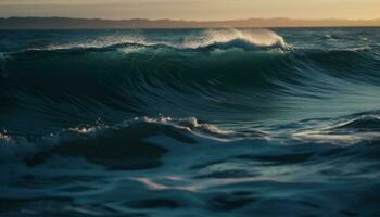 soluppgång över de kust, vågor brytning vackert genererad förbi ai foto