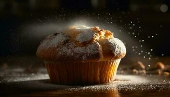 nyligen bakad muffins, en ljuv flathet behandla genererad förbi ai foto