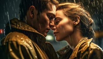 våt par omfamnar i regn, kärlek genererad förbi ai foto