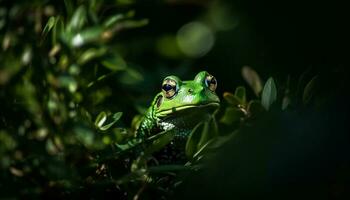 grön padda Sammanträde på våt blad tittar på genererad förbi ai foto